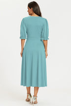Half Sleeves Jersey Midi Dress with Wrap Neckline In Grey Blue