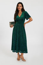Green Velvet Burnout V-Neck Angel Sleeve Midi Dress