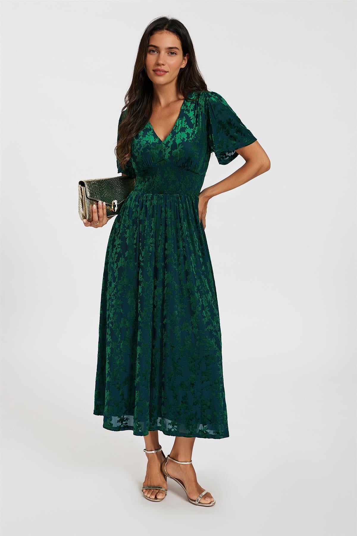Green Velvet Burnout V-Neck Angel Sleeve Midi Dress