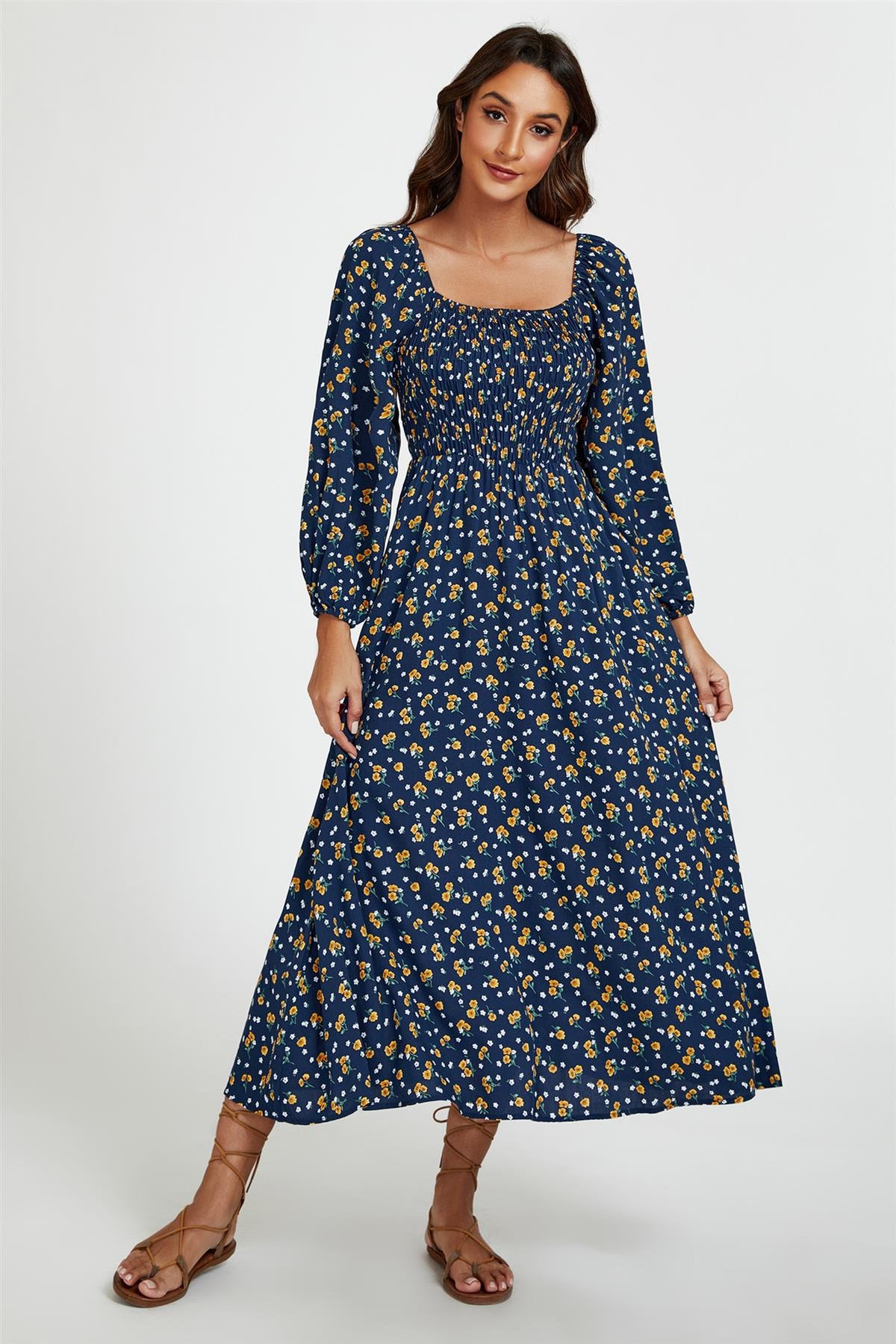 Robe longue à encolure carrée et imprimé floral bleu foncé