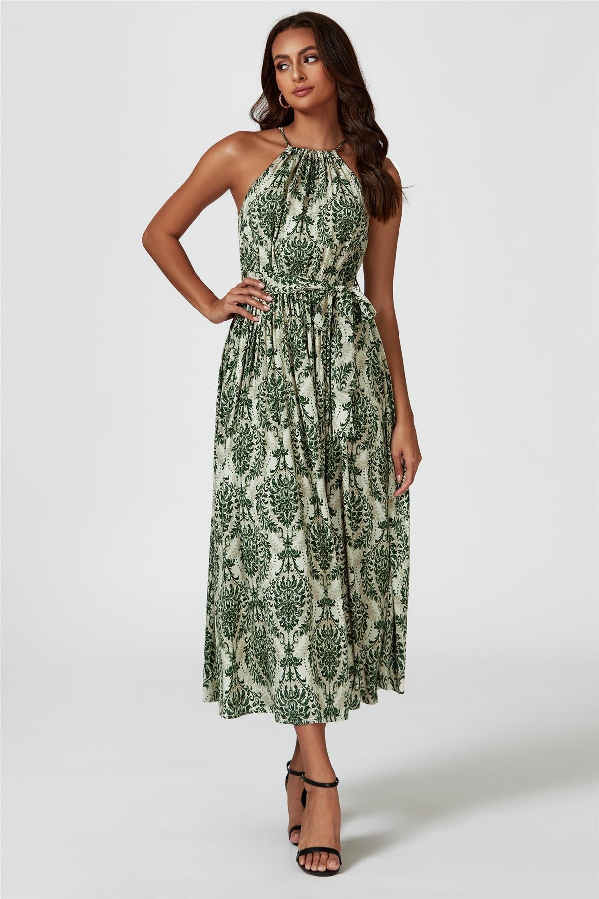 Green & Beige Floral Print Tie Halterneck Maxi Dress