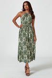 Green & Beige Floral Print Tie Halterneck Maxi Dress