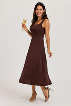Square Neck Sleeveless Fit & Flare Midi Dress In Espresso