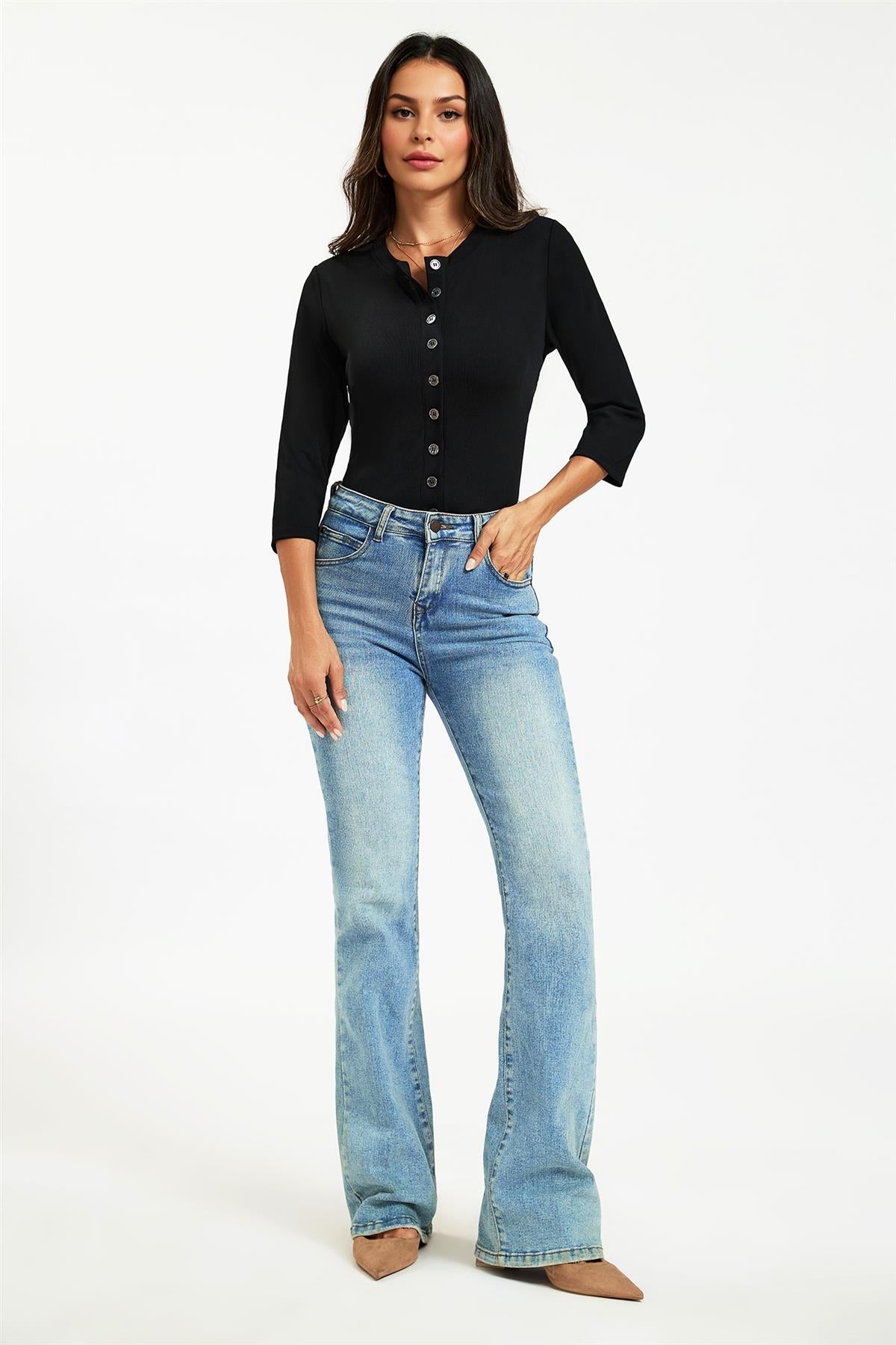 Button Through 3/4 Sleeve Jersey Cardigan Top Black