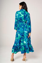 Abstract Floral Print Hem Detail Shirt Midi Dress With Tie Waist In Blue