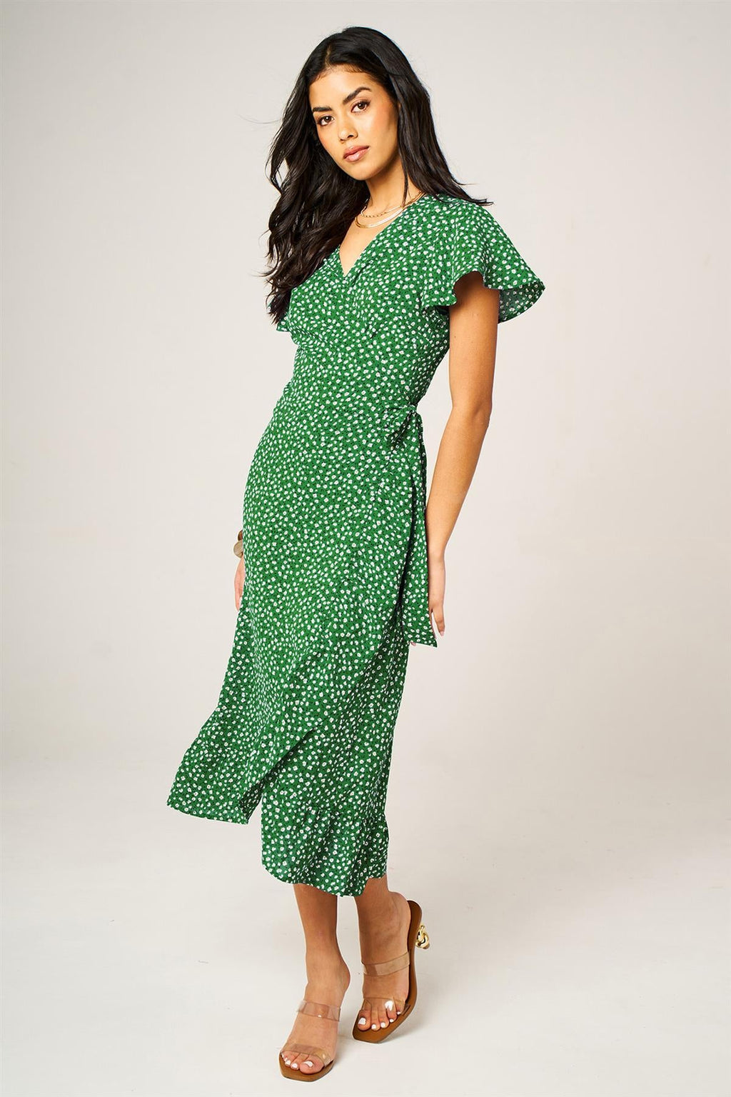Hem Frill Detail Little Floral Print Wrap Dress In Green