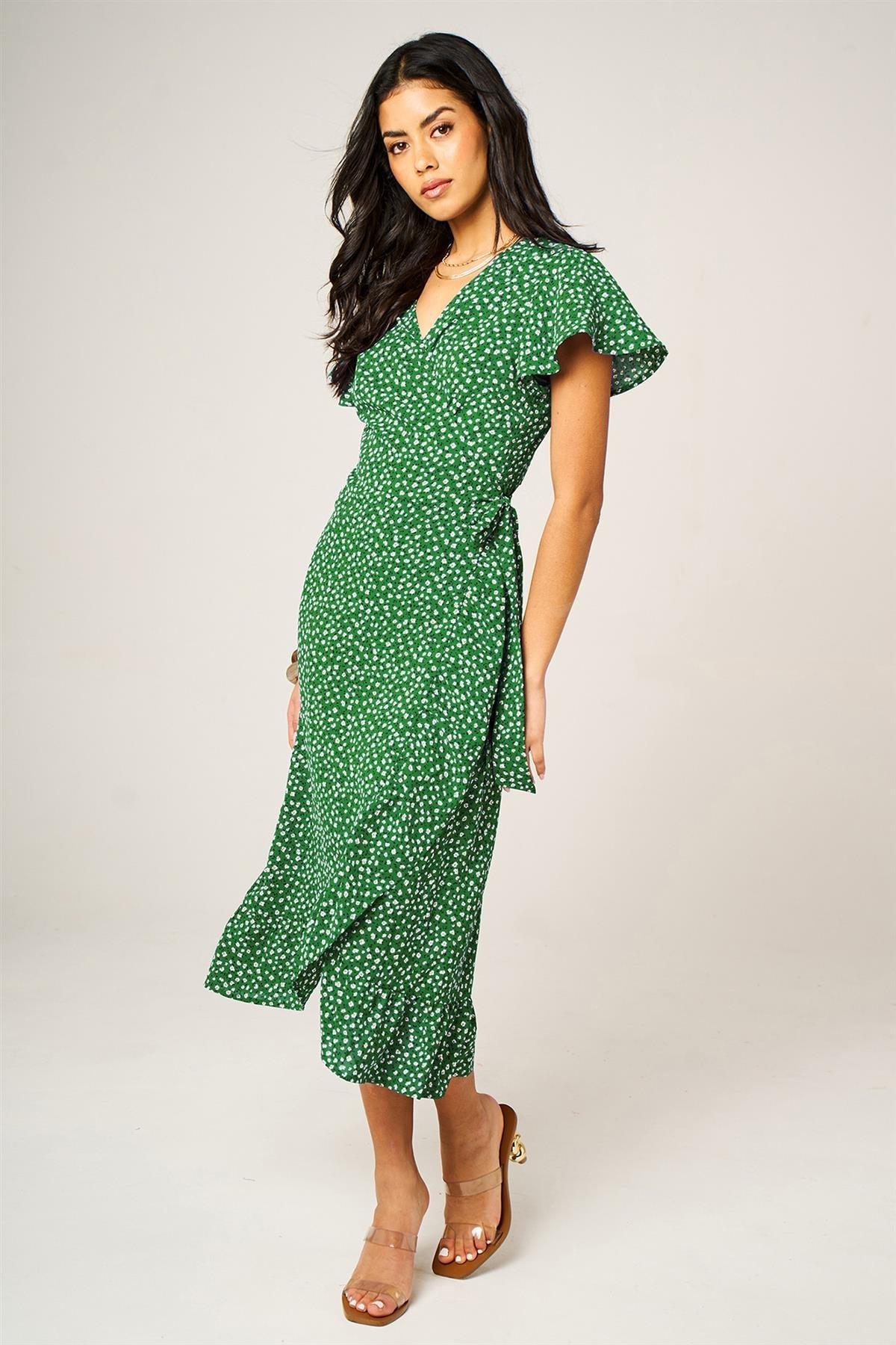 Hem Frill Detail Little Floral Print Wrap Dress In Green