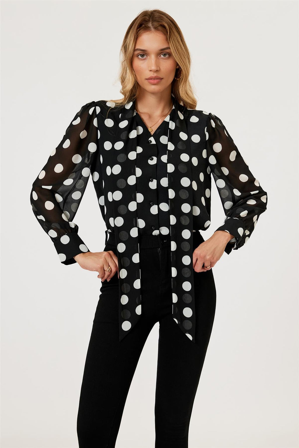 Dot Print Tie Detail long sleeve Blouse Top In Black