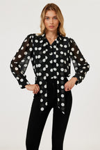 Dot Print Tie Detail long sleeve Blouse Top In Black