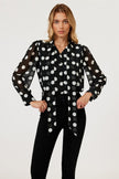 Dot Print Tie Detail long sleeve Blouse Top In Black