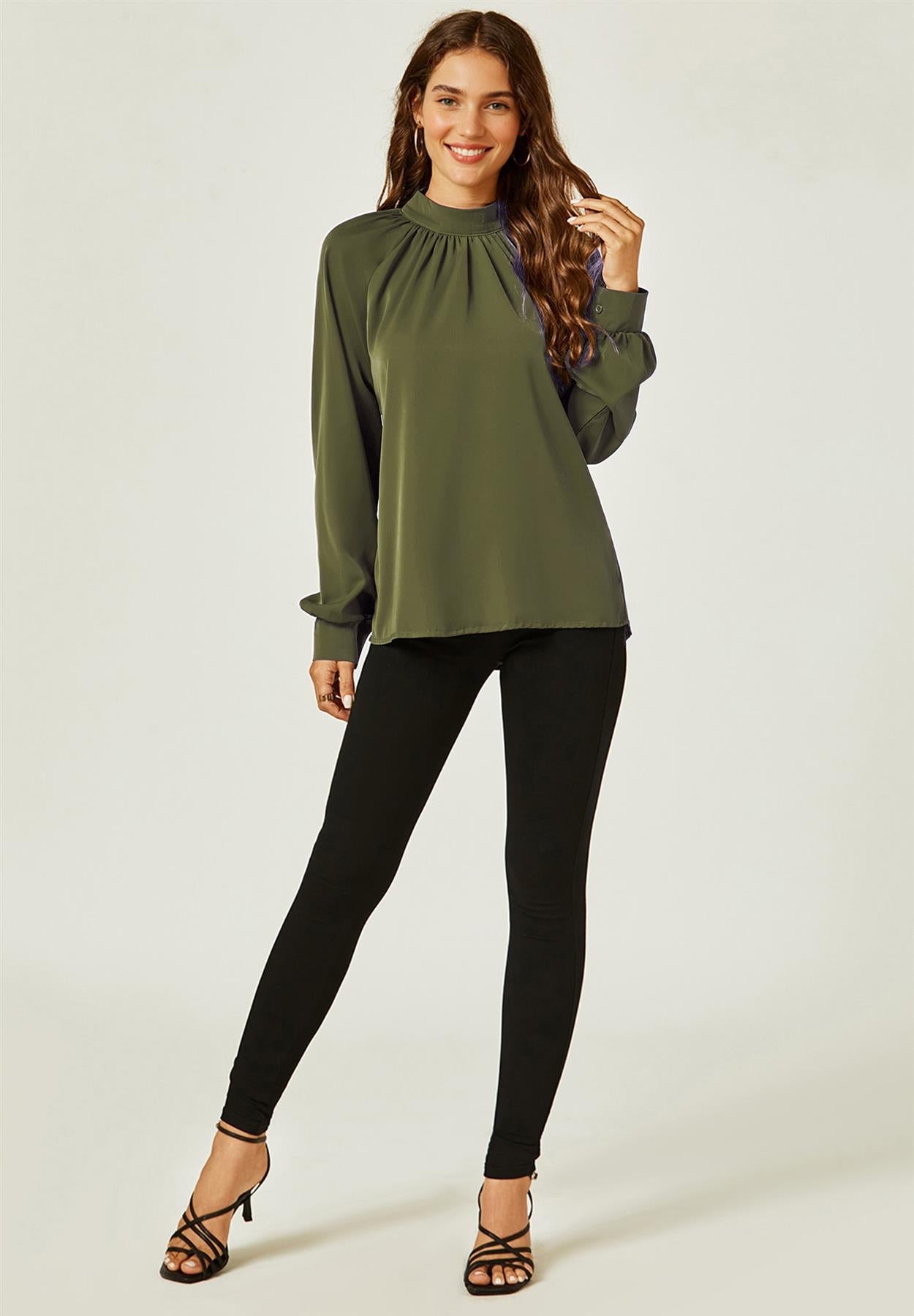 Halter Neck Blouse Top In Khaki Green