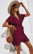 Dot Print Wrap Top Dress In Wine