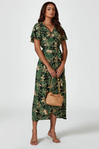 Abstract Floral Wrap Maxi Dress In Olive