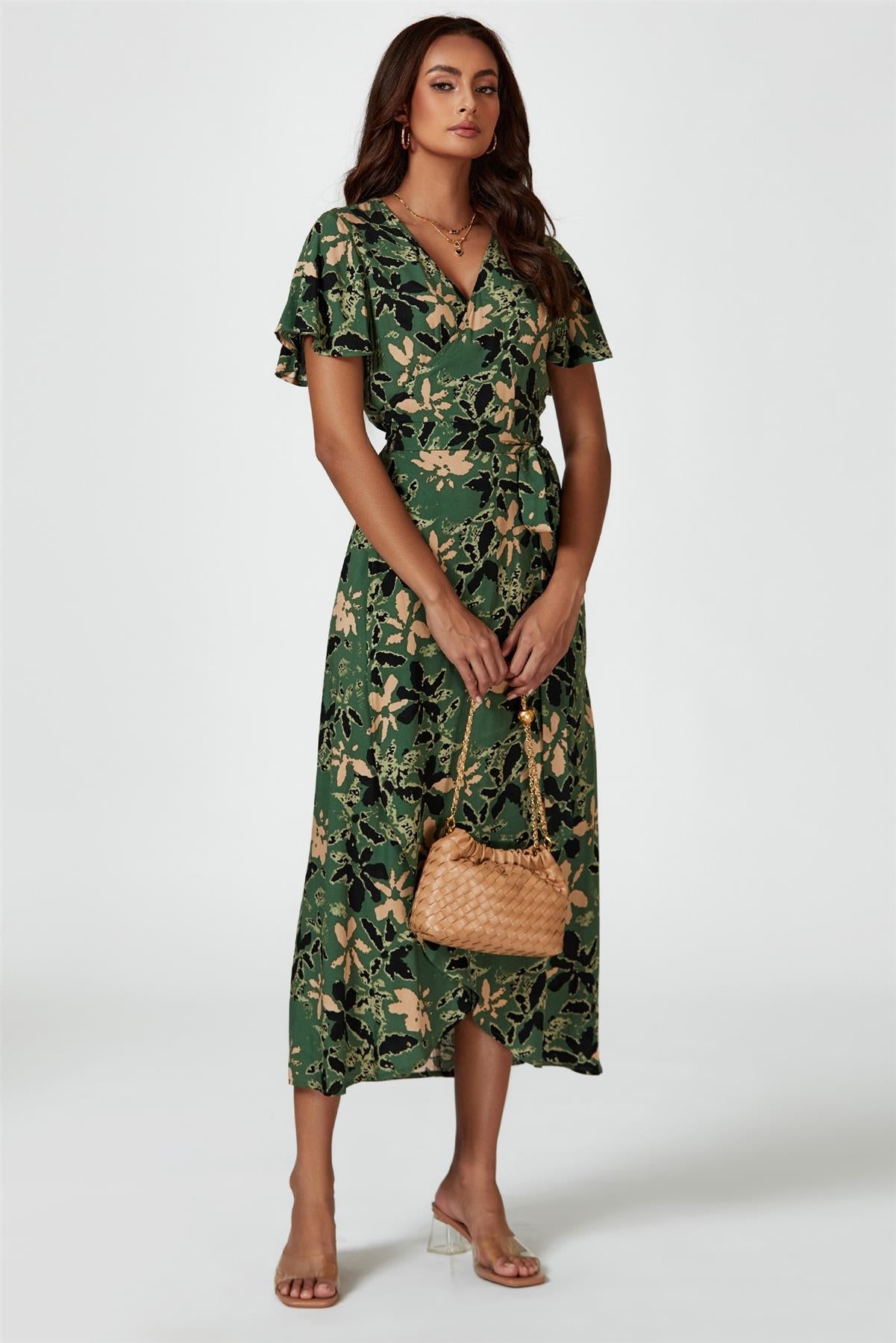 Abstract Floral Wrap Maxi Dress In Olive
