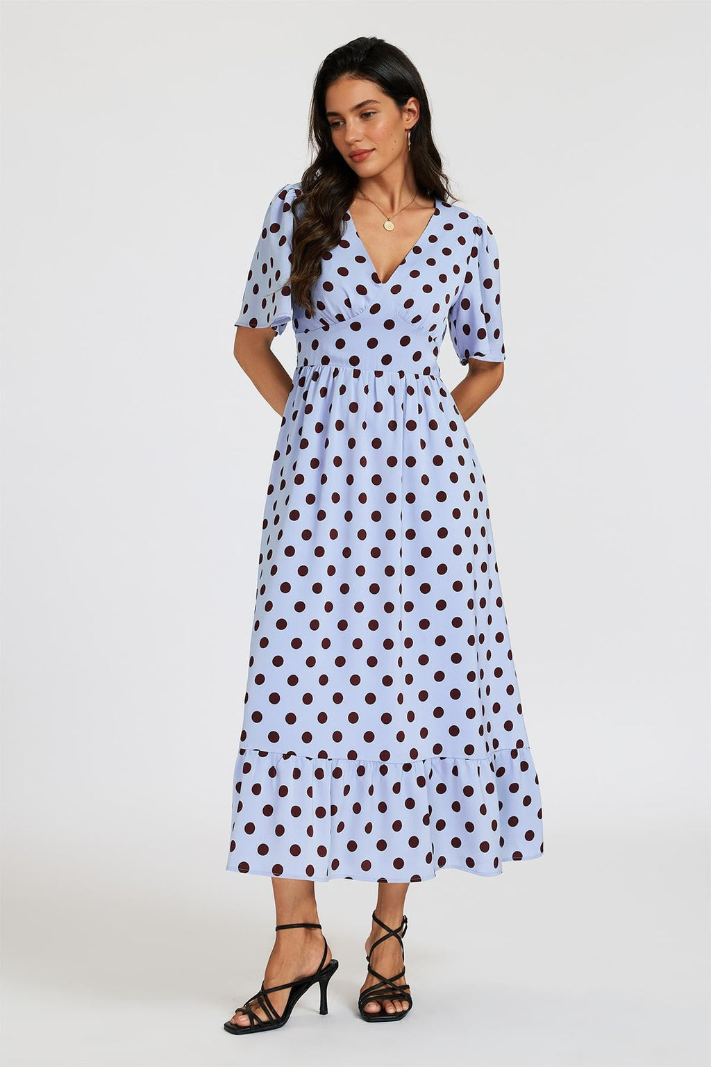 Polka Dot Print Angel Sleeve V Neck Frill Hem Midi Dress In Blue