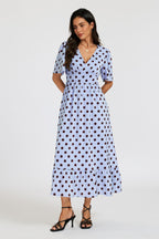 Polka Dot Print Angel Sleeve V Neck Frill Hem Midi Dress In Blue