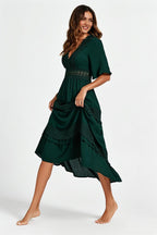 V Neck Lace Detail Midi Dress In Forest Green