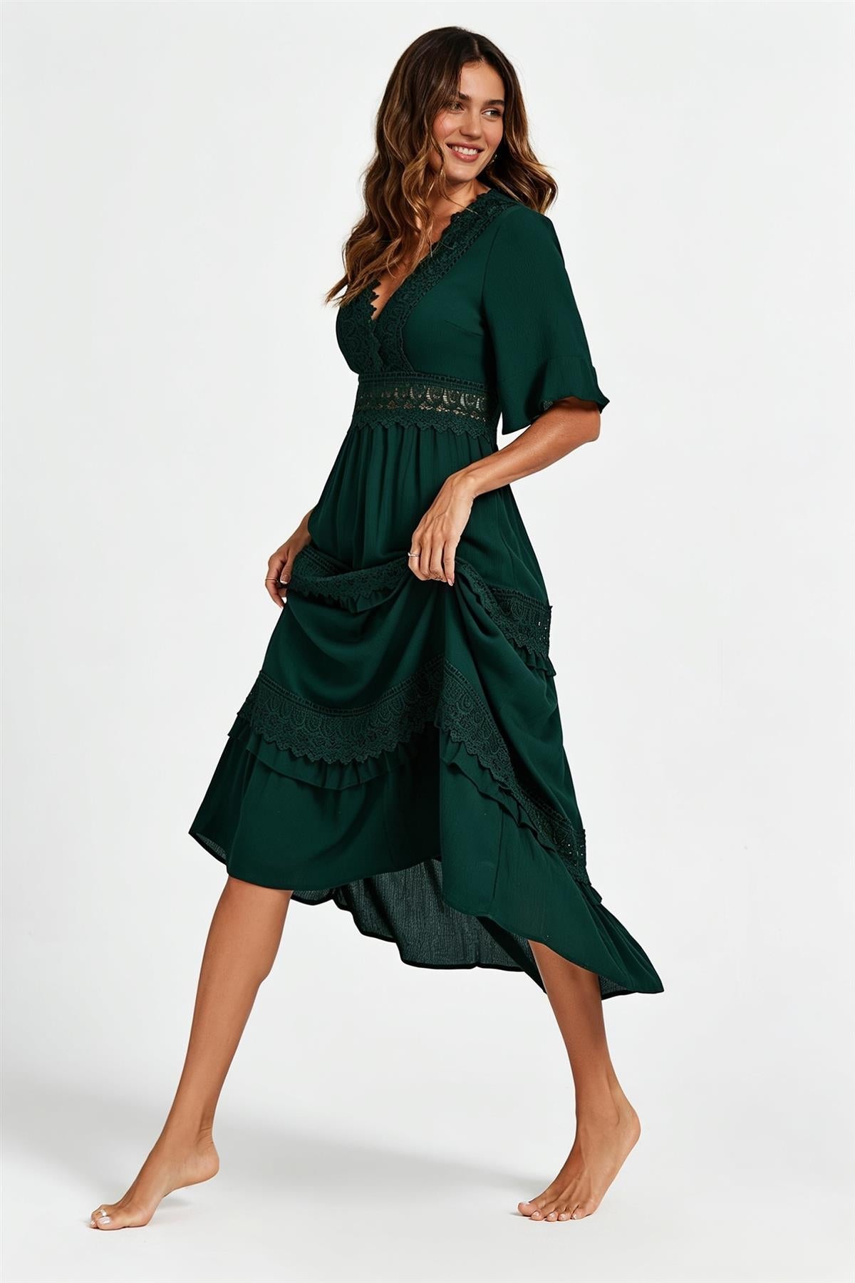 V Neck Lace Detail Midi Dress In Forest Green