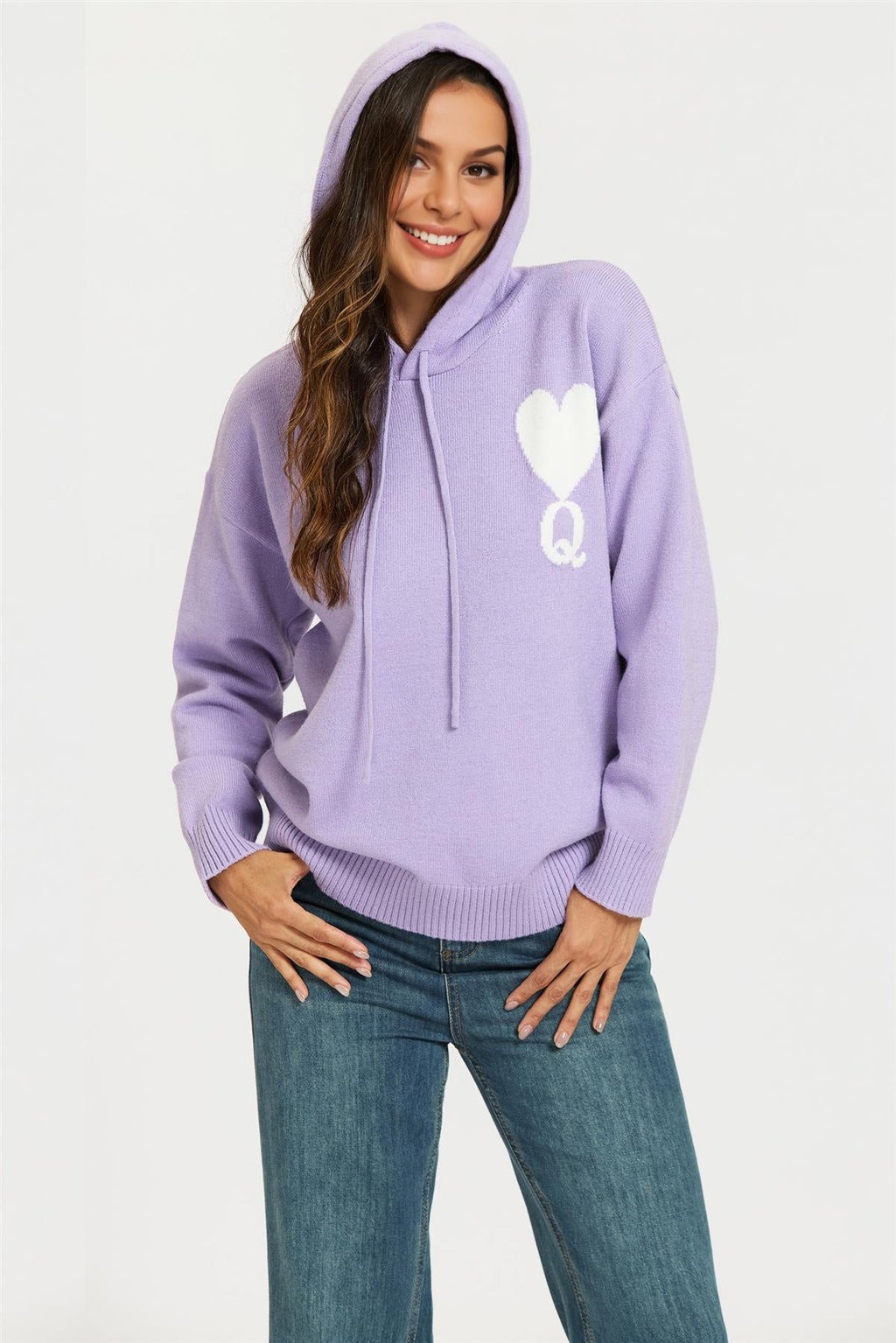 Heart & Q Pattern Knitted Hoodie In Purple