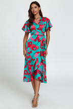Leopard Print Angel Sleeve Wrap Midi Blue Pink