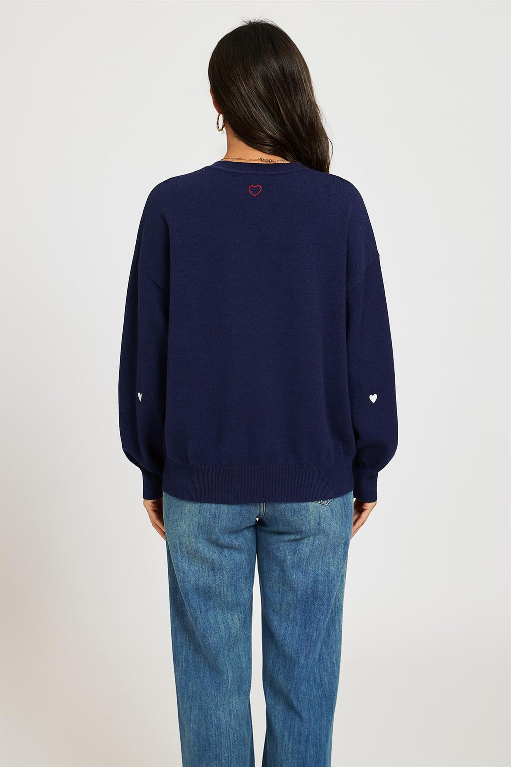 Embroidery White Heart V Neck Jumper In Navy