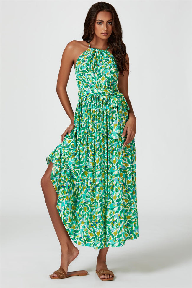 Robe longue à licou et imprimé abstrait de couleur verte