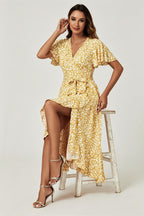 Floral Print Midi Wrap Dress In Yellow