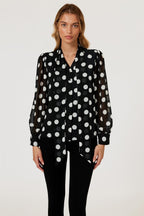 Dot Print Tie Detail long sleeve Blouse Top In Black