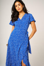 Hem Frill Detail Little Floral Print Wrap Dress In Blue