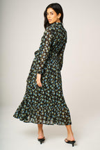 Floral Print Hem Detail Shirt Midi Dress With Tie Waist In Black