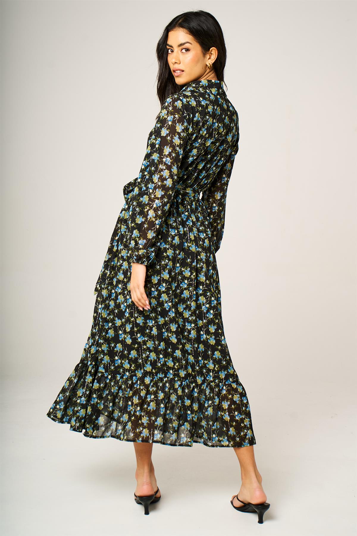 Floral Print Hem Detail Shirt Midi Dress With Tie Waist In Black