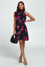 Floral Print Halter Neck Tie Back Mini Dress In Black