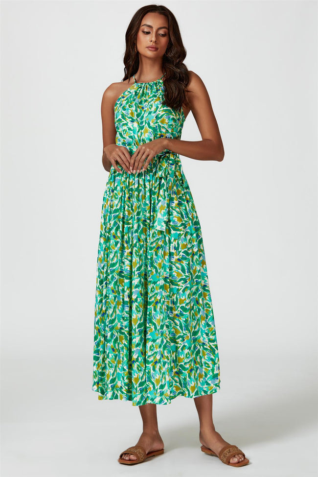 Robe longue à licou et imprimé abstrait de couleur verte