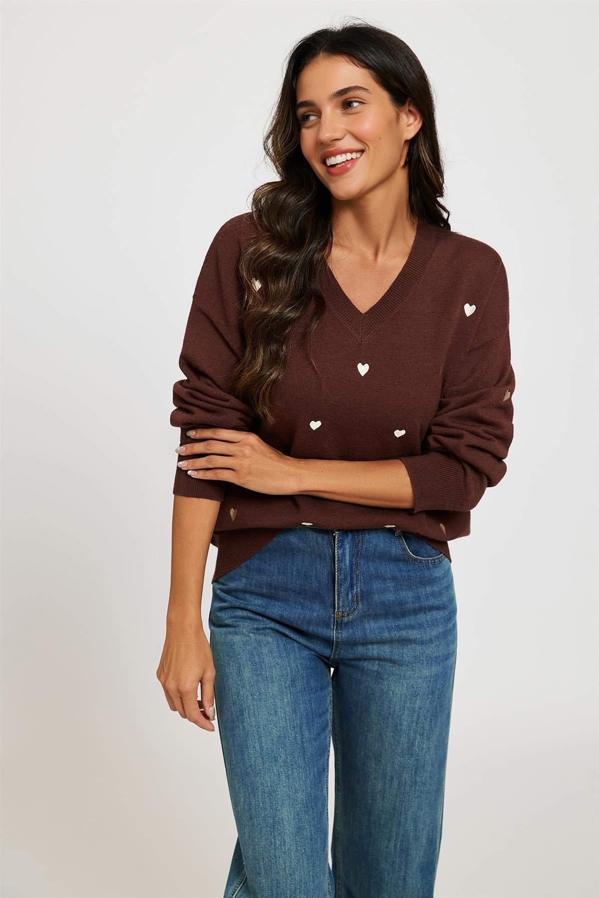 Embroidery Cream Heart V Neck Jumper In Brown