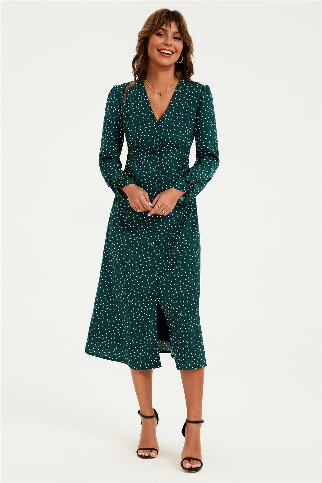 Dot Print Long Sleeve Button Front Midi Dress In Green