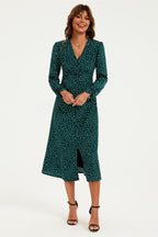 Dot Print Long Sleeve Button Front Midi Dress In Green