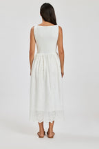 Sleeveless Jersey Top Broderie Midi Dress In White