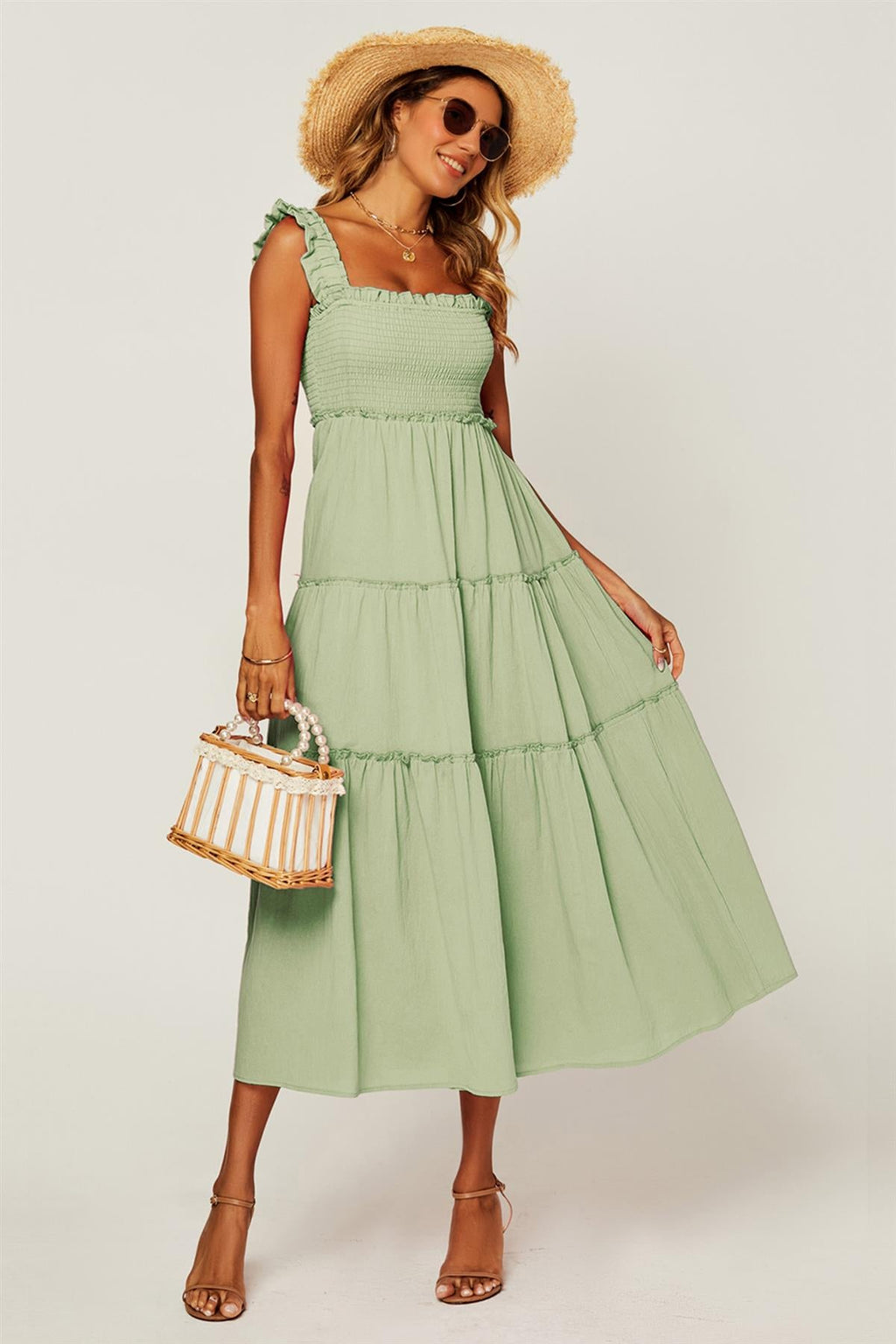 Hem Detail Tiered Maxi Dress In Lime