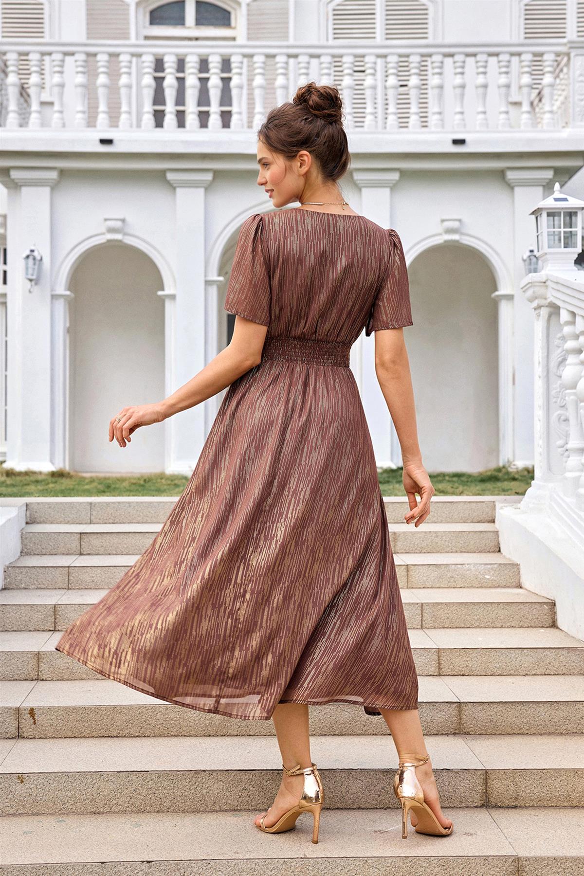 Angel Sleeve Gold Stripe Foil Midi Dress In Brown