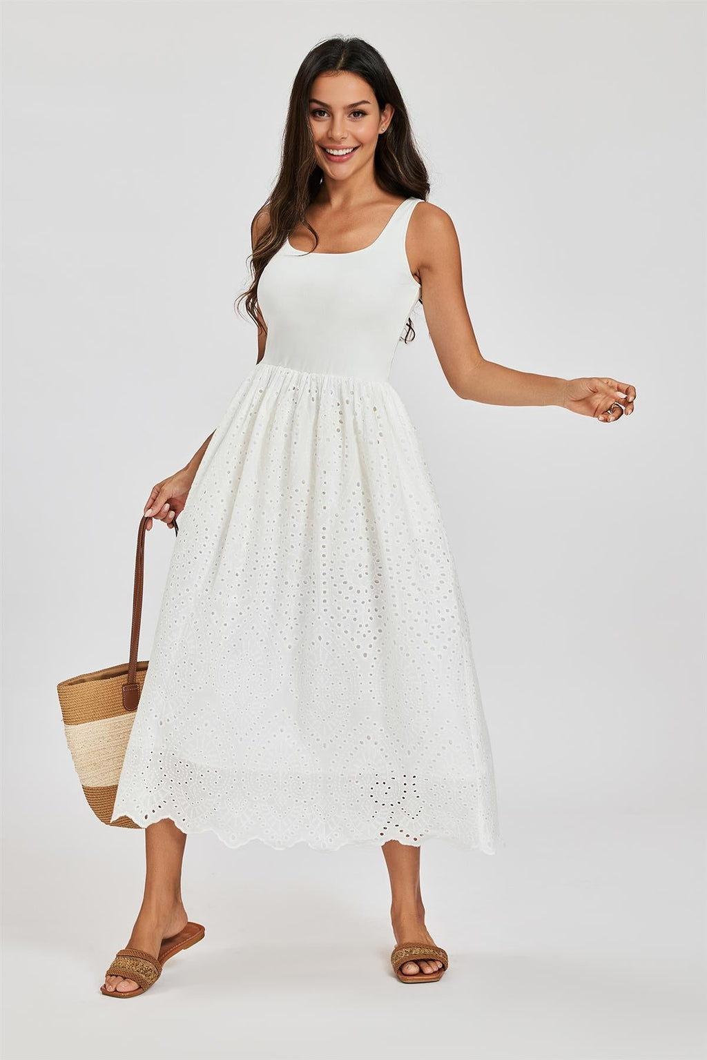 Sleeveless Jersey Top Broderie Midi Dress In White