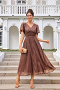 Angel Sleeve Gold Stripe Foil Midi Dress In Brown