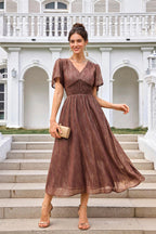 Angel Sleeve Gold Stripe Foil Midi Dress In Brown