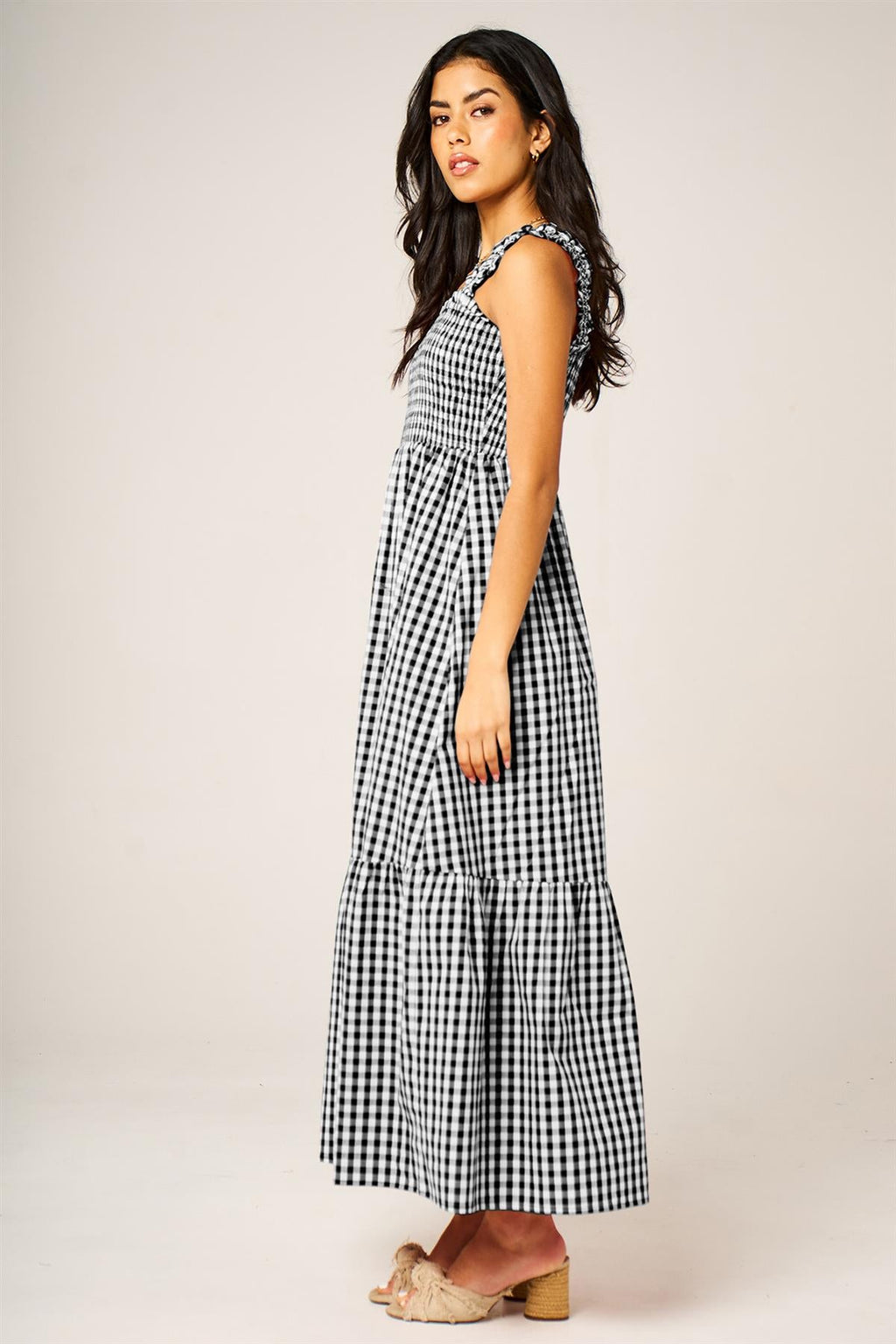 Check Print Hem Detail Maxi Dress In Black