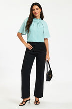 Dot Print Short Sleeve Frill High Neck Top In Blue