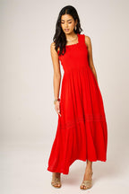 Lace Detail Tiered Maxi Dress In Red