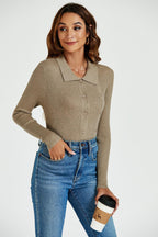 Morgan Collar Double Breasted Knit Top In Beige