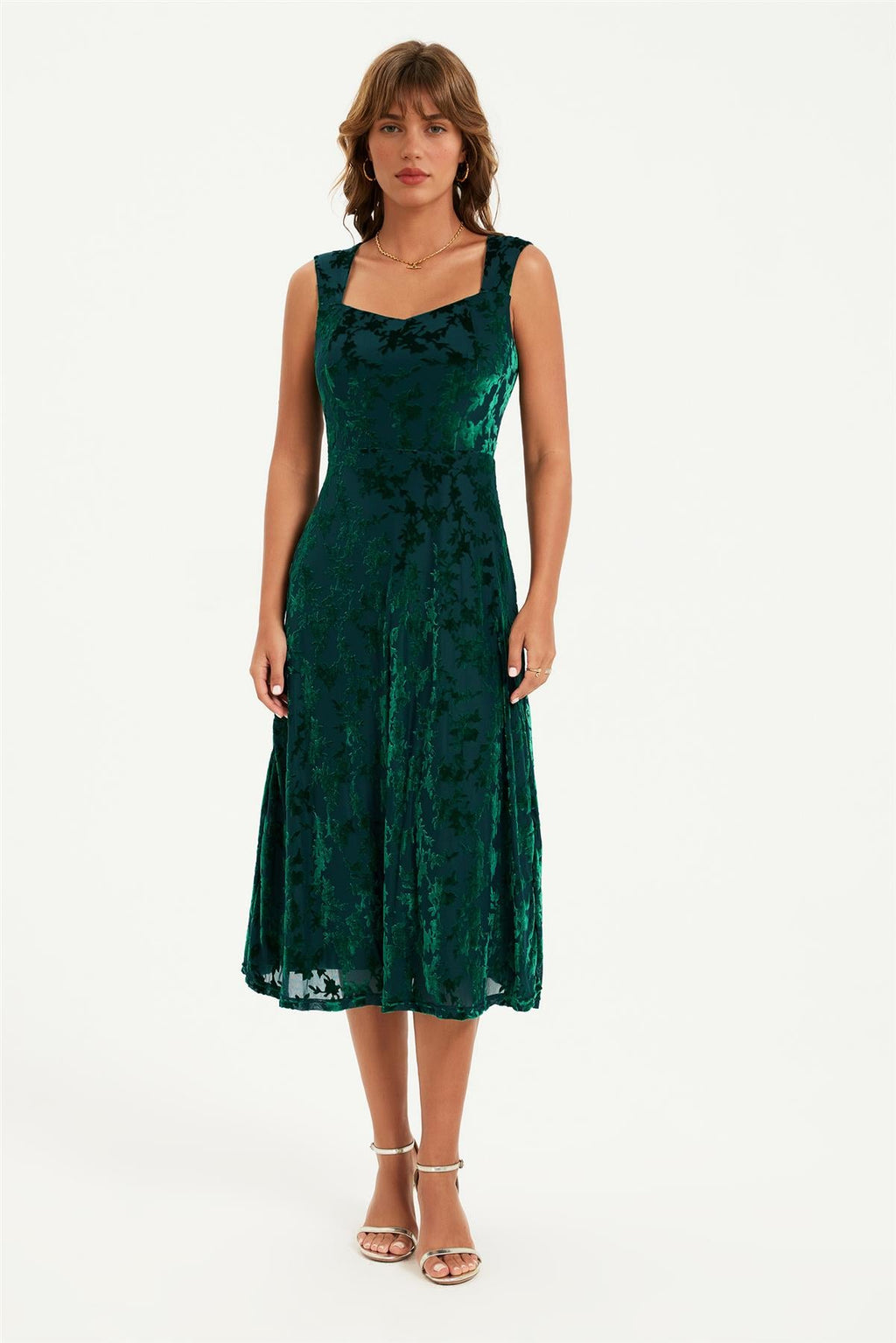 Floral Velvet Devore Sweetheart Neck Midi Dress In Green