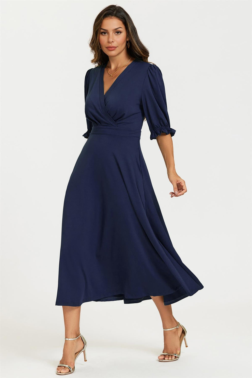 Half Sleeves Jersey Midi Dress with Wrap Neckline In Navy