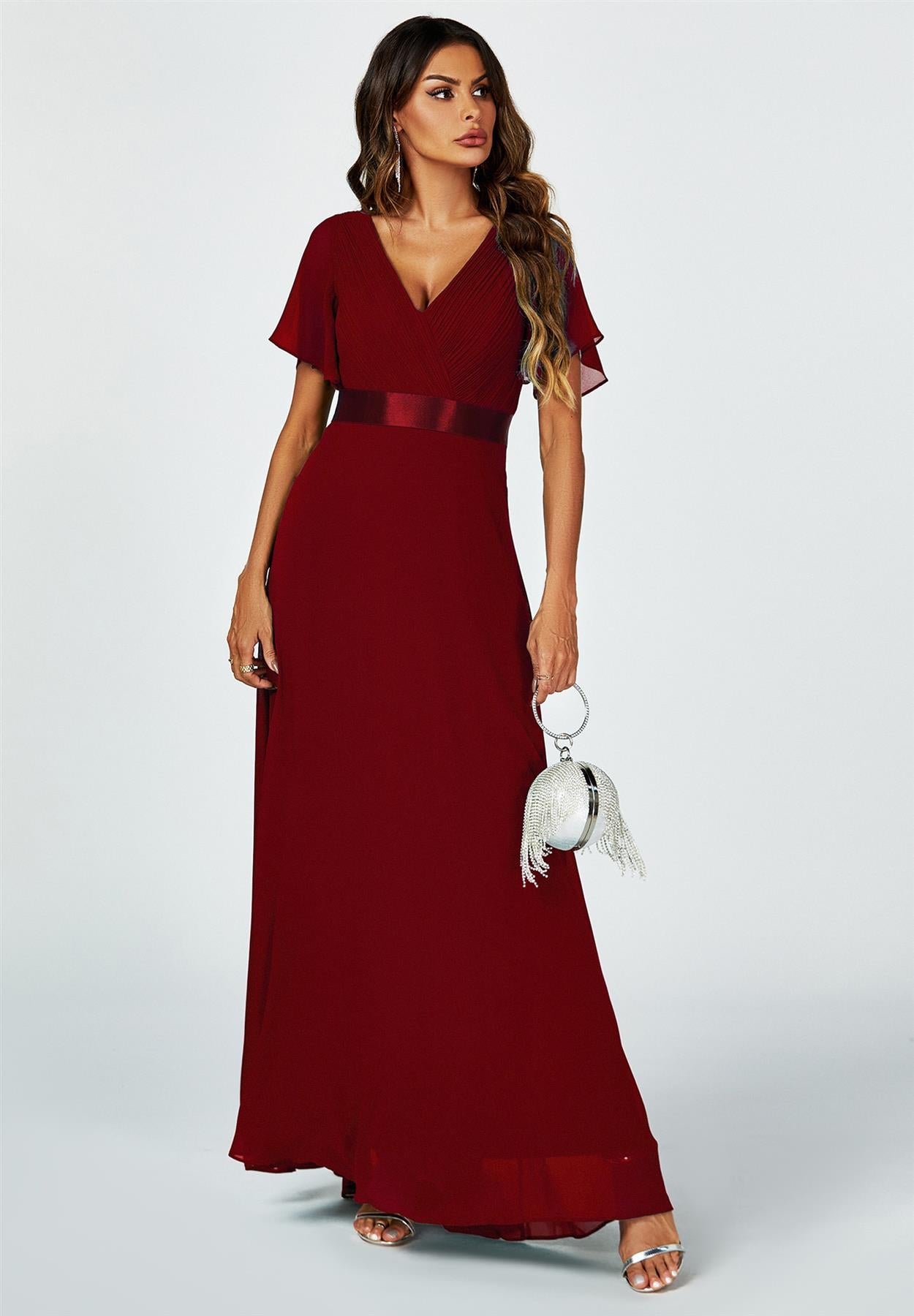 Angel Sleeves Empire Waist Bridesmaid Dress In Wine