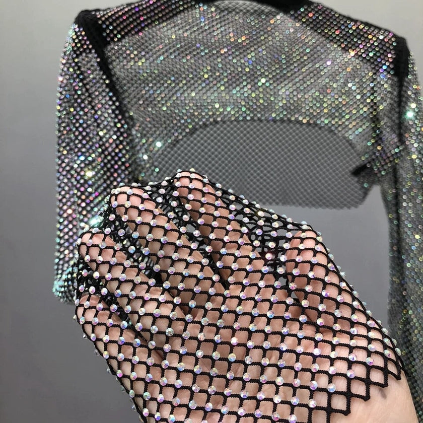 Cropped Embellished Mesh Top